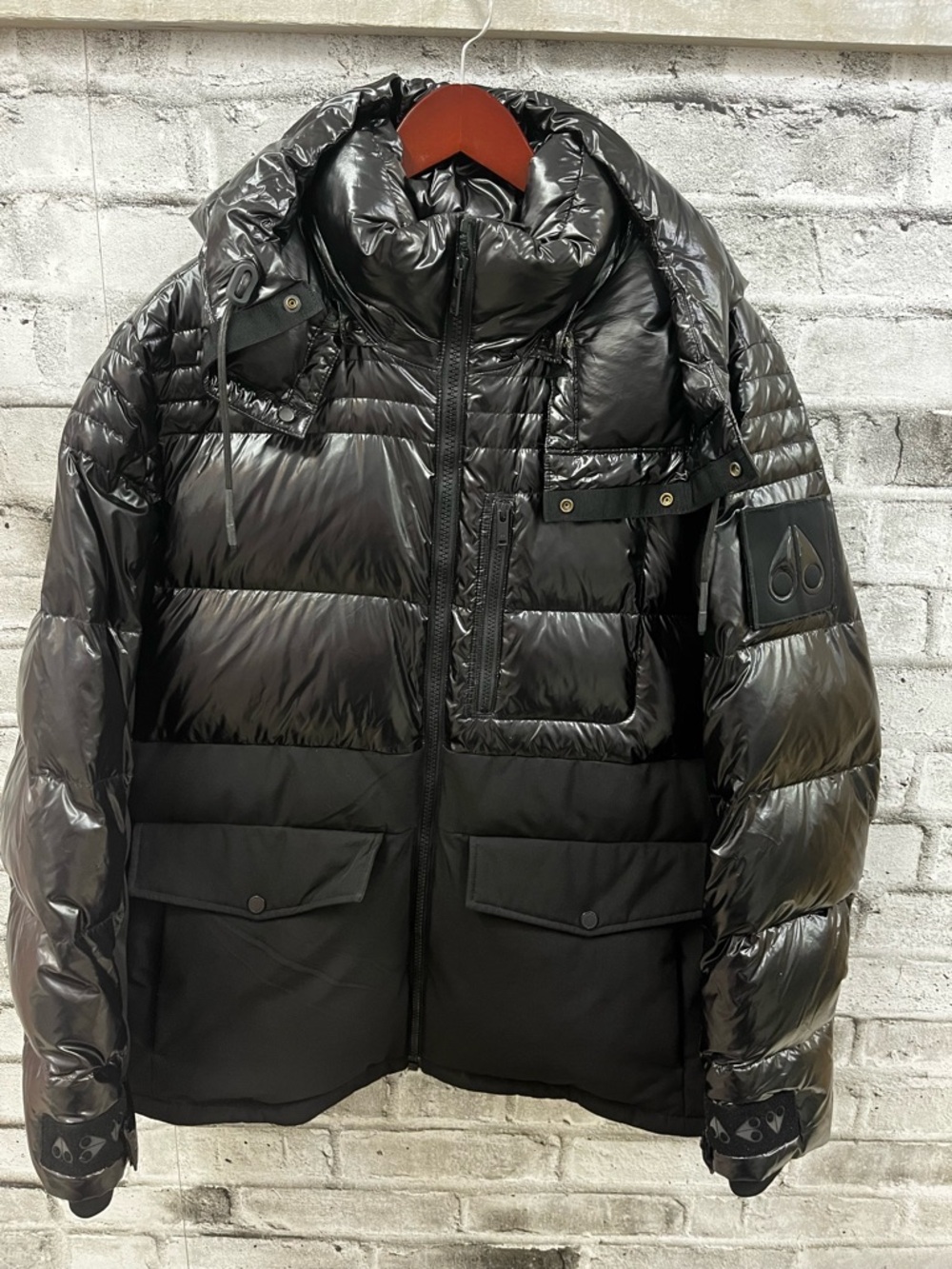 Moose Knuckles Glossy Black Quilted Puffer Jacket with Hood
